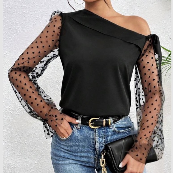 Tops - Black Polka Dots Mesh Sleeve Top